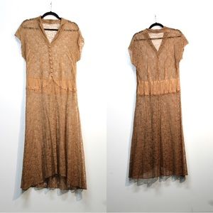 Antique Vtg Coral Pink Sheer Lace Dress